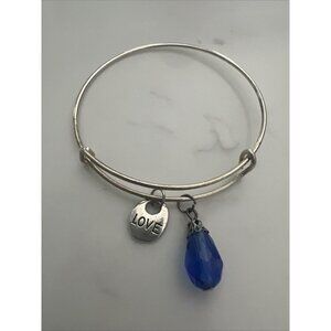 Thin Wire Bangle Bracelet With Blue Crystal And Love Charm Size 7.5”